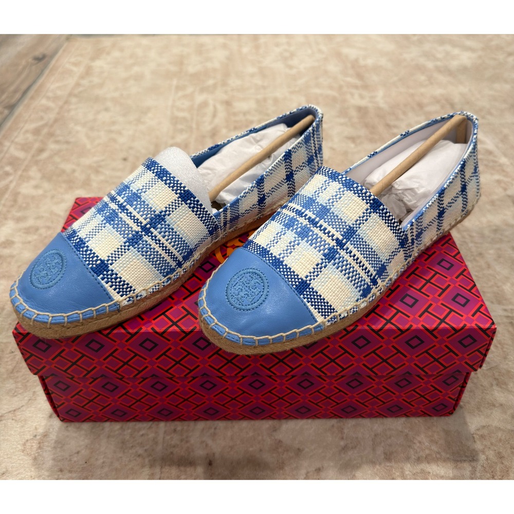 NWT Tory Burch Color Block Flat Espadrille Blue Check Plaid Chambray 7.5